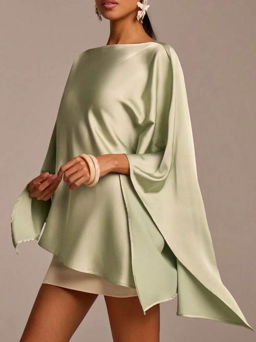 Green Elegant Women's Long Sleeve Asymmetric Satin Blouse